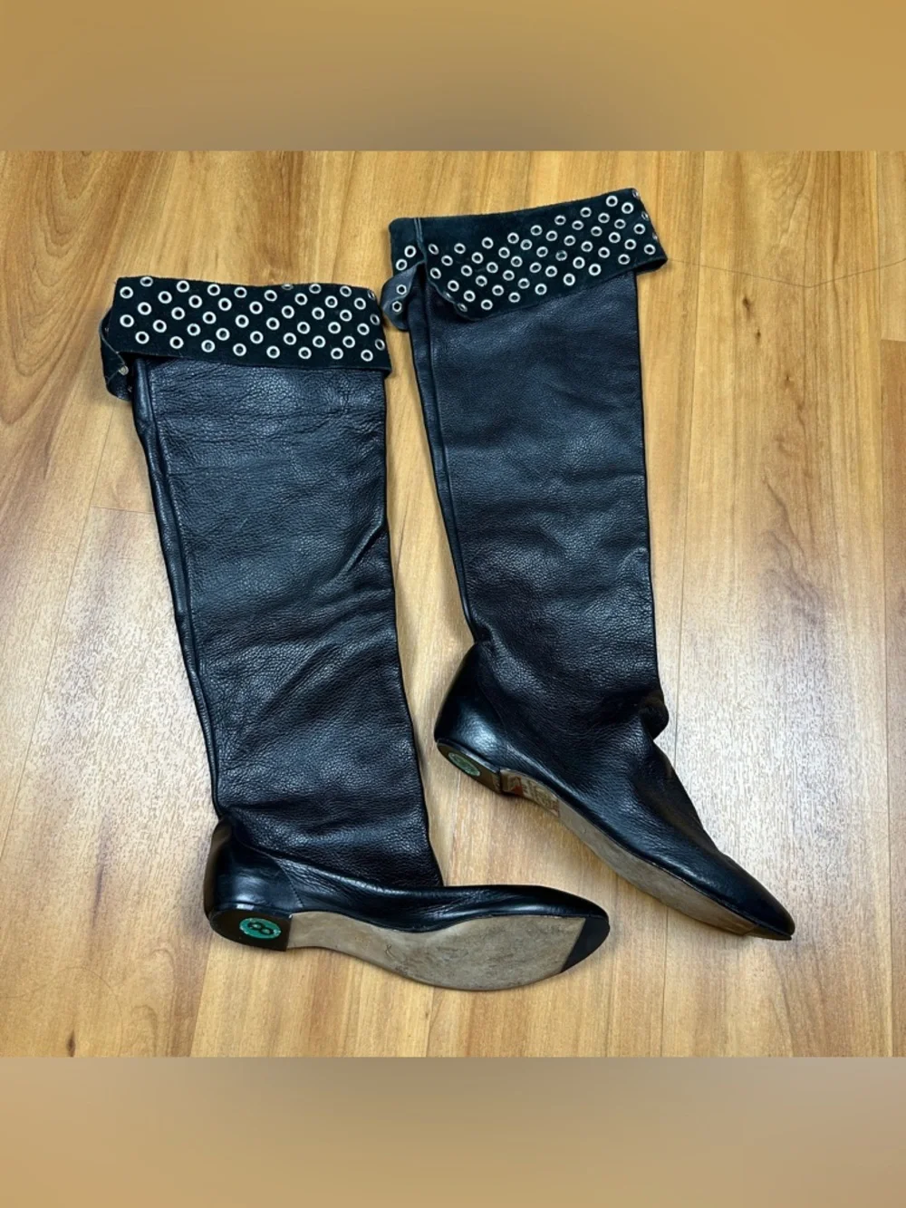 Delman Gilda Black Leather Knee High Boots Studded Italy Womens 8‎